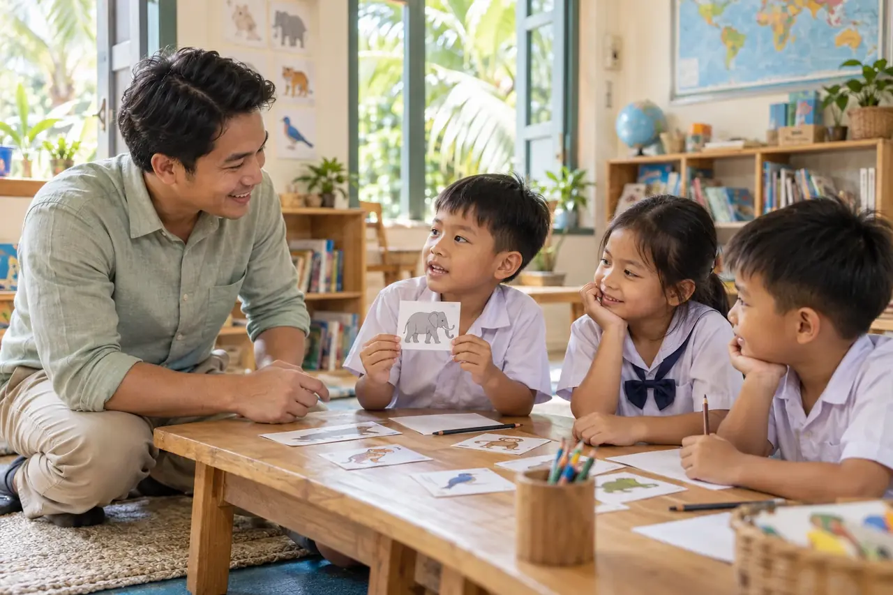 A teacher helping young children learn English through picture cards in a bright classroom